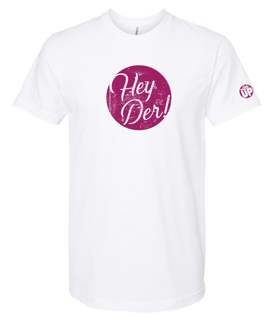 "Hey Der!" in script font, white on textured purple circle, on white t-shirt on white background