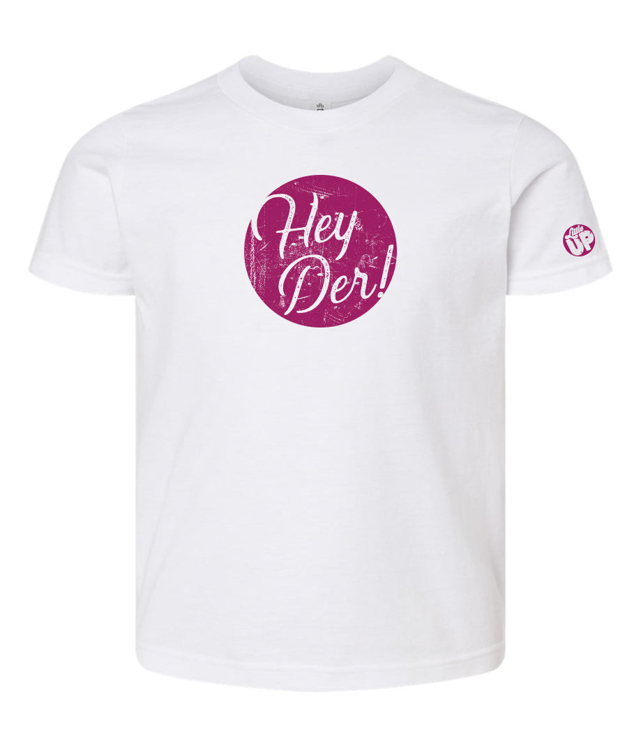 "Hey Der!" in script font, white on textured purple circle, on white youth t-shirt on white background