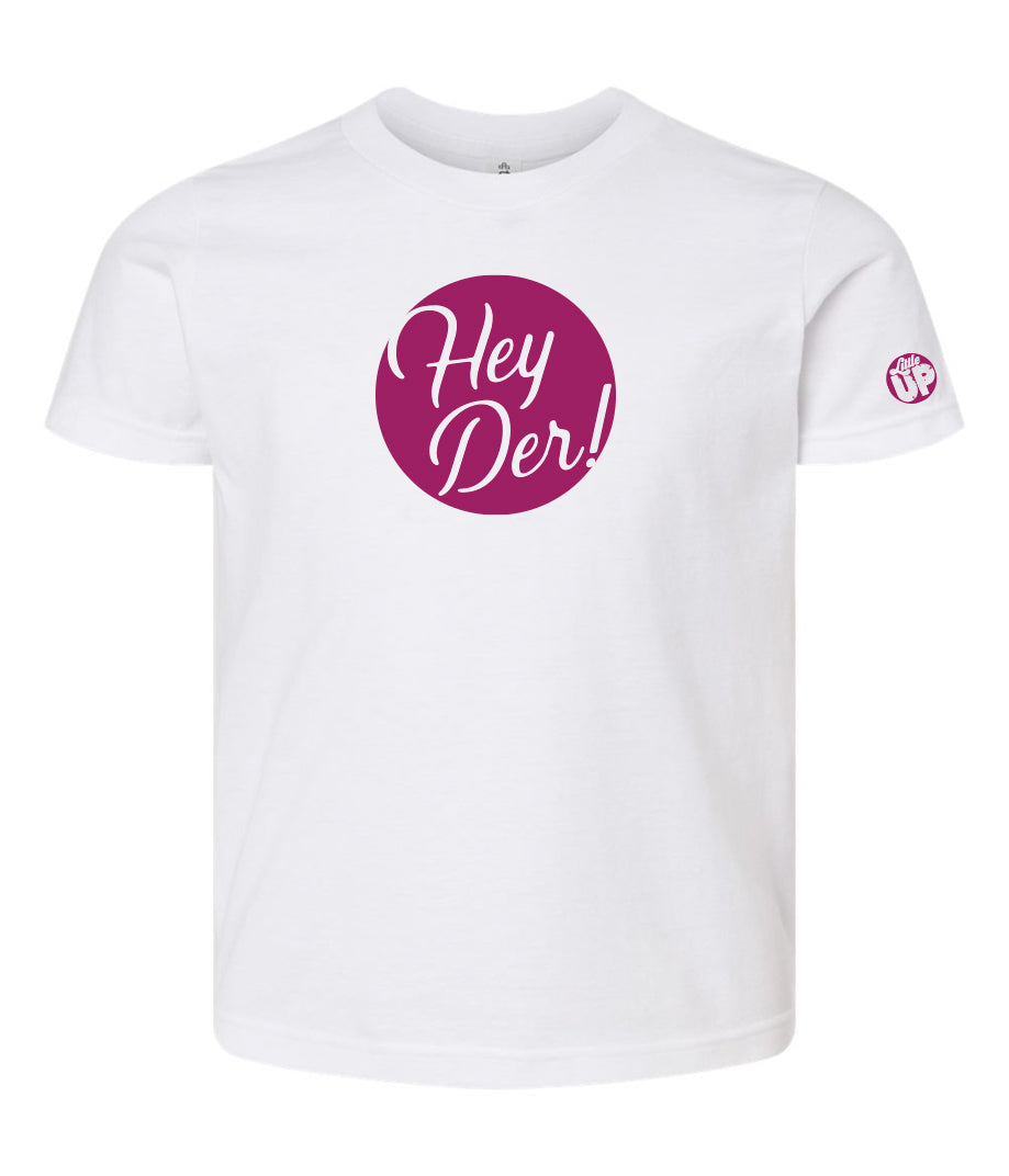 "Hey Der!" in script font, white on purple circle, on white youth t-shirt on white background