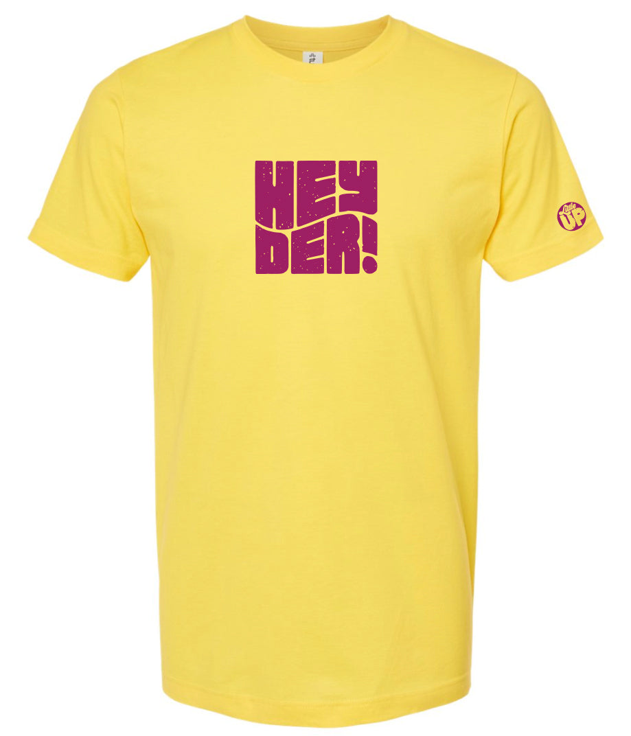 "HEY DER!" in purple on yellow shirt on white background