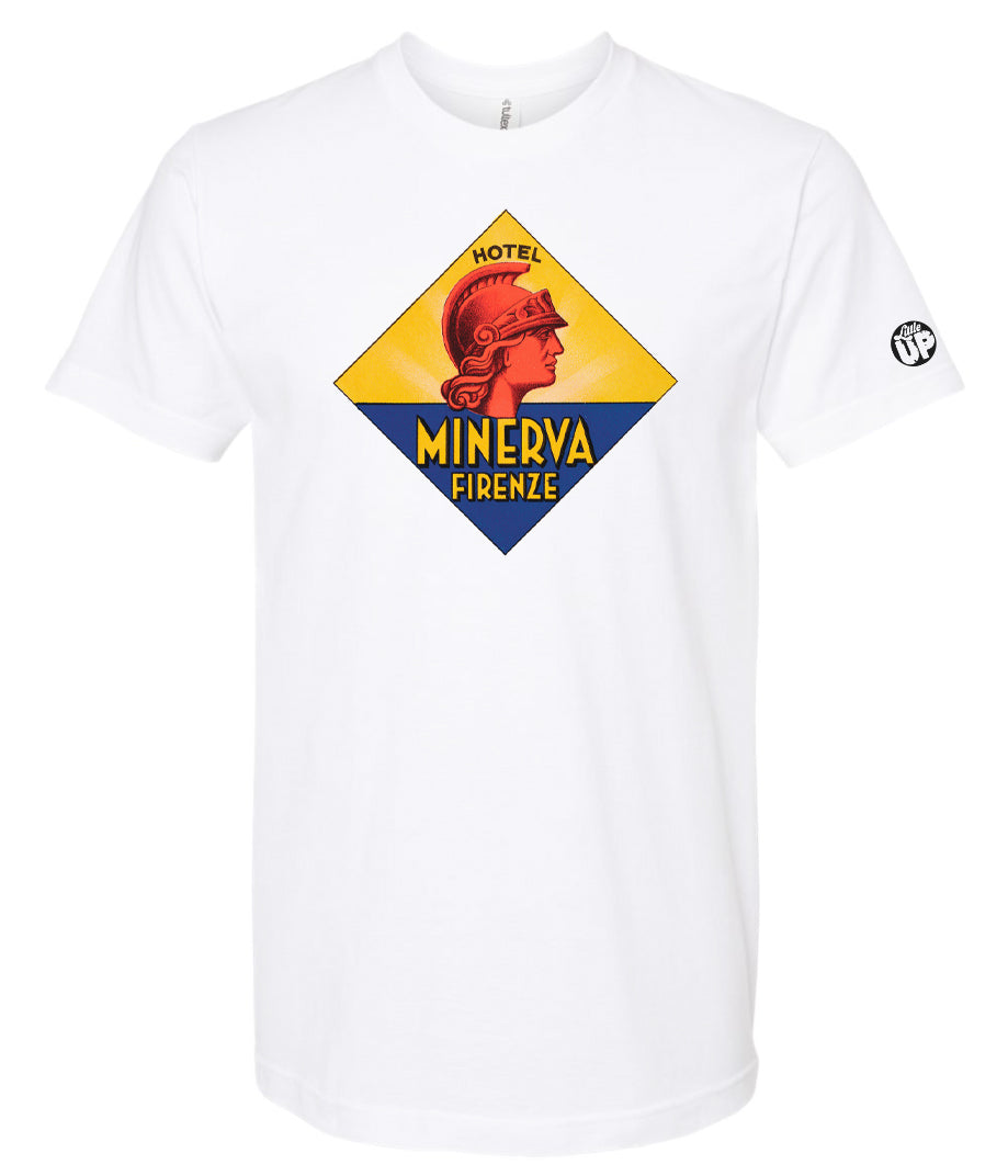 diamond shape vintage illustration of Hotel Minerva Firenze with bust of classic gladiator on white youth t-shirt on white background