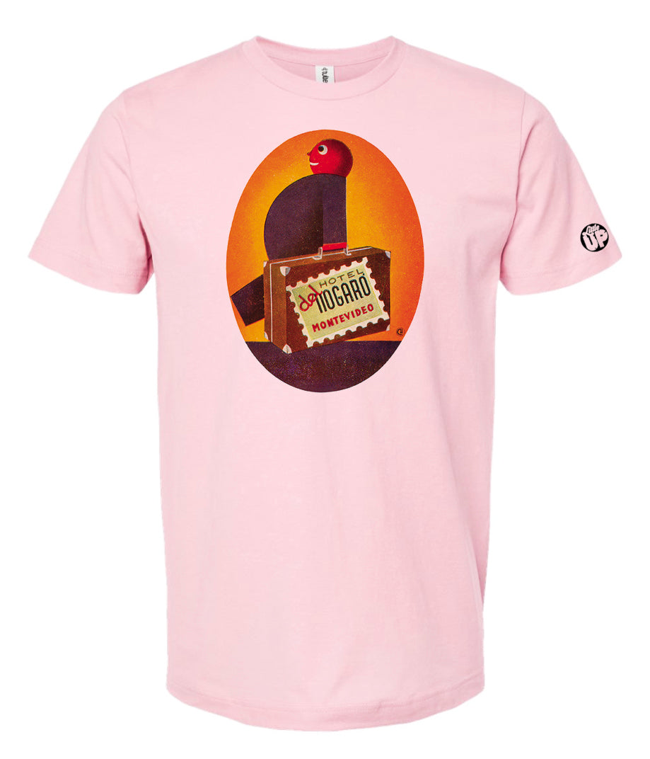 vertical oval with funny illustration of cartoonish man carrying suitcase on pink t-shirt on white background
