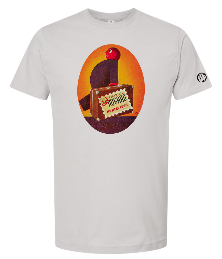 vertical oval with funny illustration of cartoonish man carrying suitcase on light gray t-shirt on white background