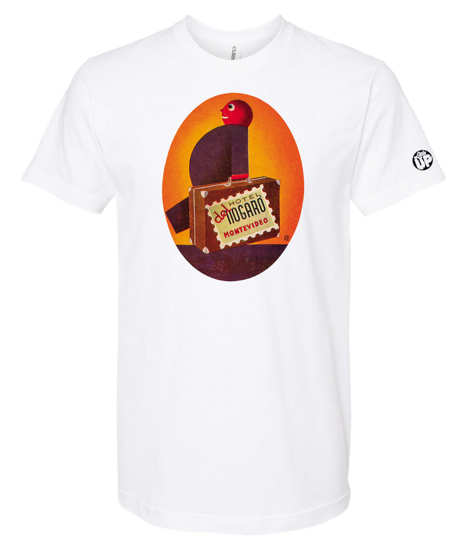 vertical oval with funny illustration of cartoonish man carrying suitcase on white t-shirt on white background