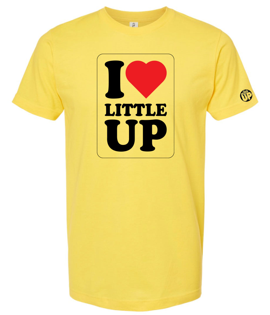 vertical "I Heart Little UP" graphic on yellow t-shirt on white background