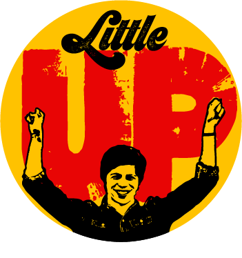 small circle logo with "Little" at the top in 70s script, "UP" in red bit, young man with arms raised and smile illustration at the bottom