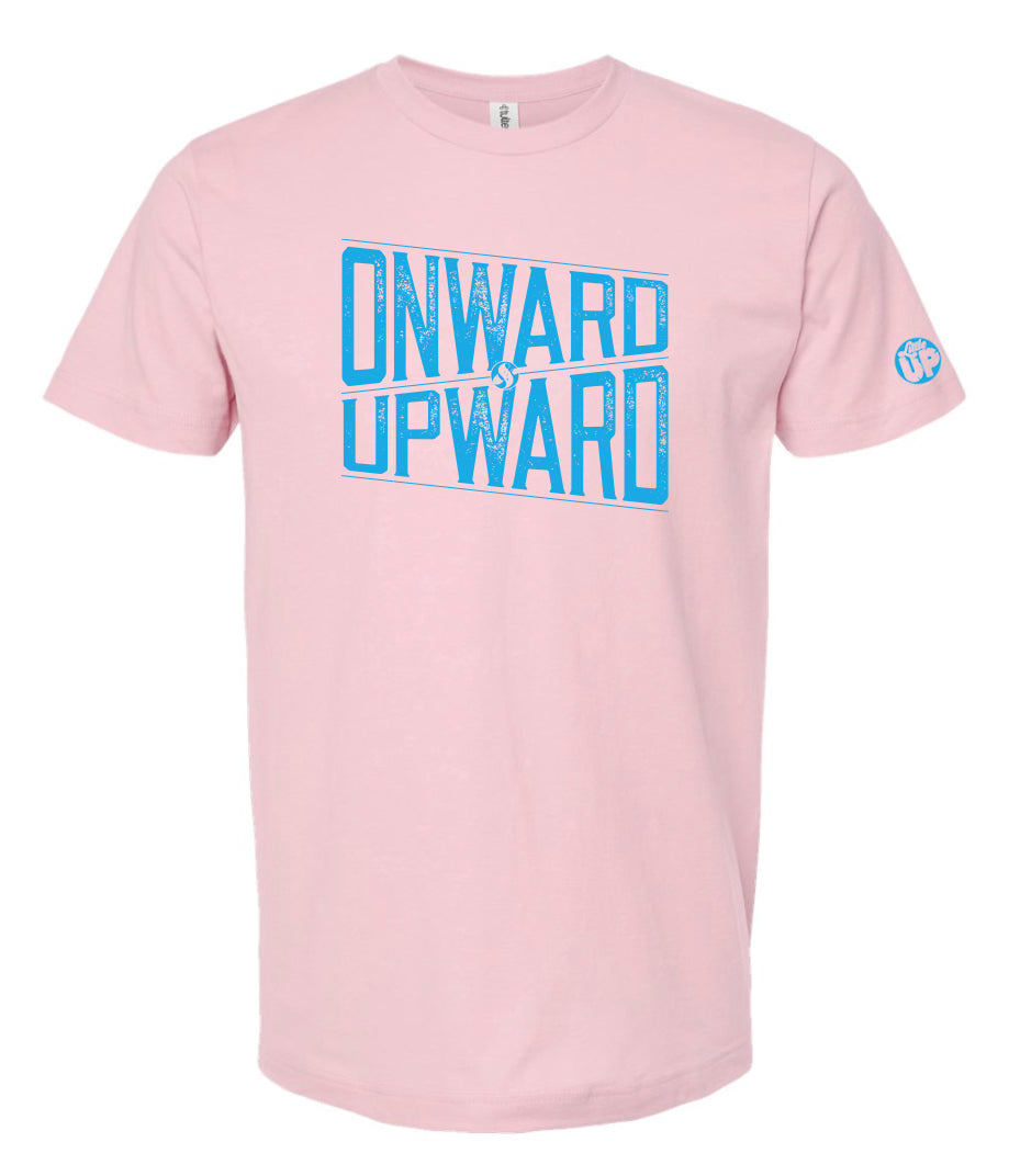 "ONWARD & UPWARD" in modern textured design in light blue on pink t-shirt