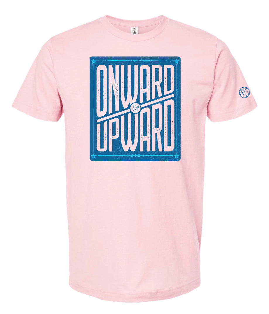 blue vertical box with "ONWARD & UPWARD" in white and stars in the corners, on pink t-shirt
