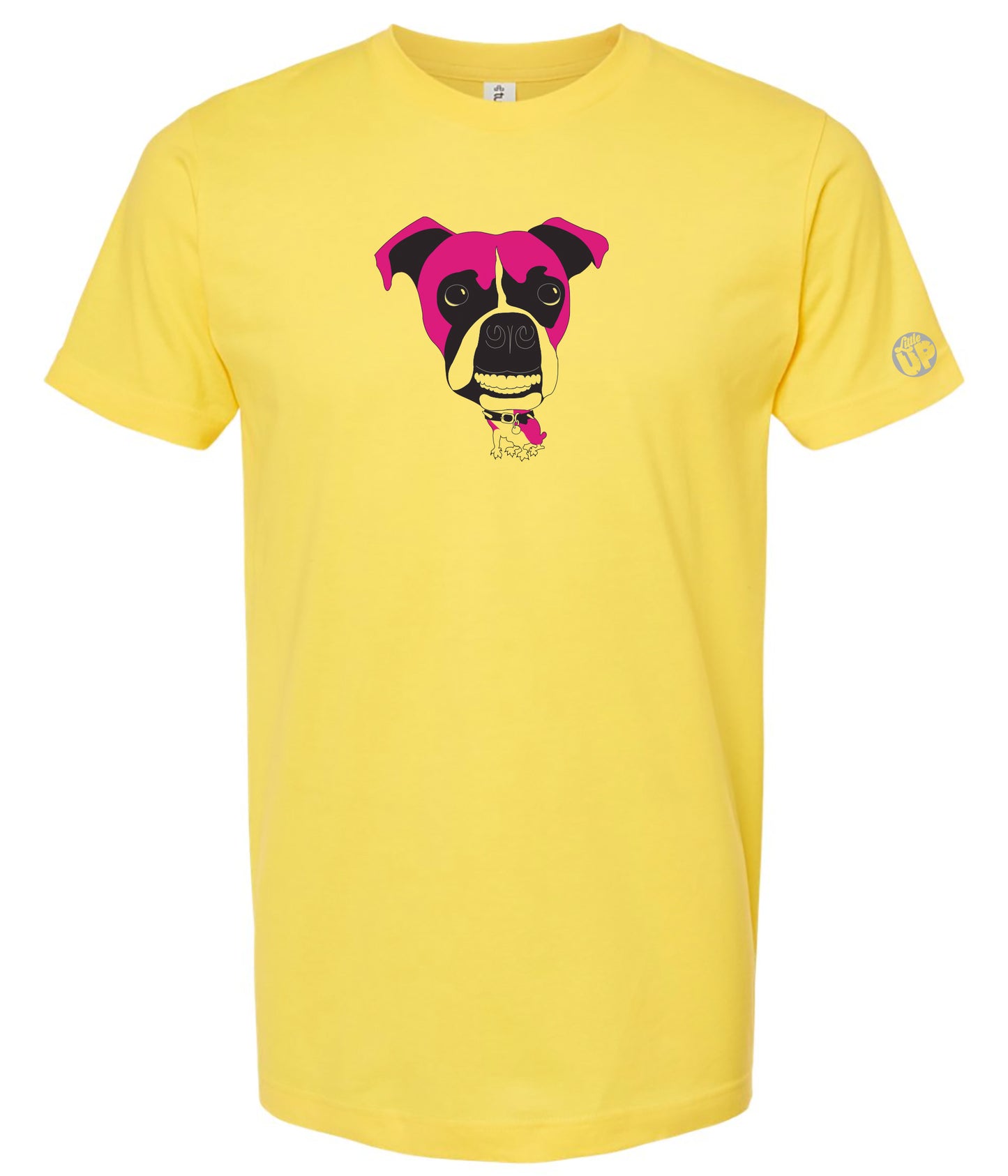 Yellow t-shirt with a pink Boxer dog graphic on a white background