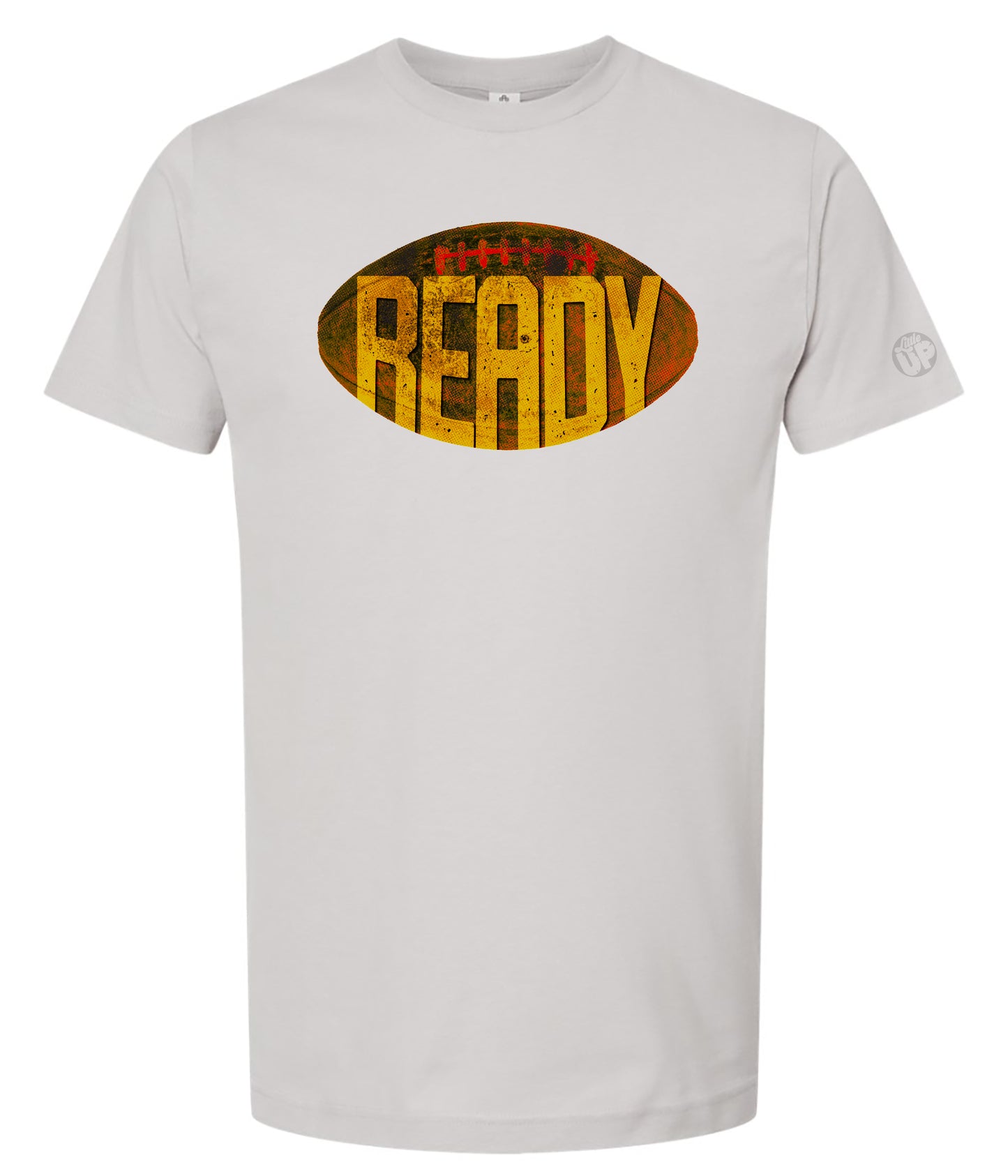 White t-shirt with 'READY' graphic design on a white background