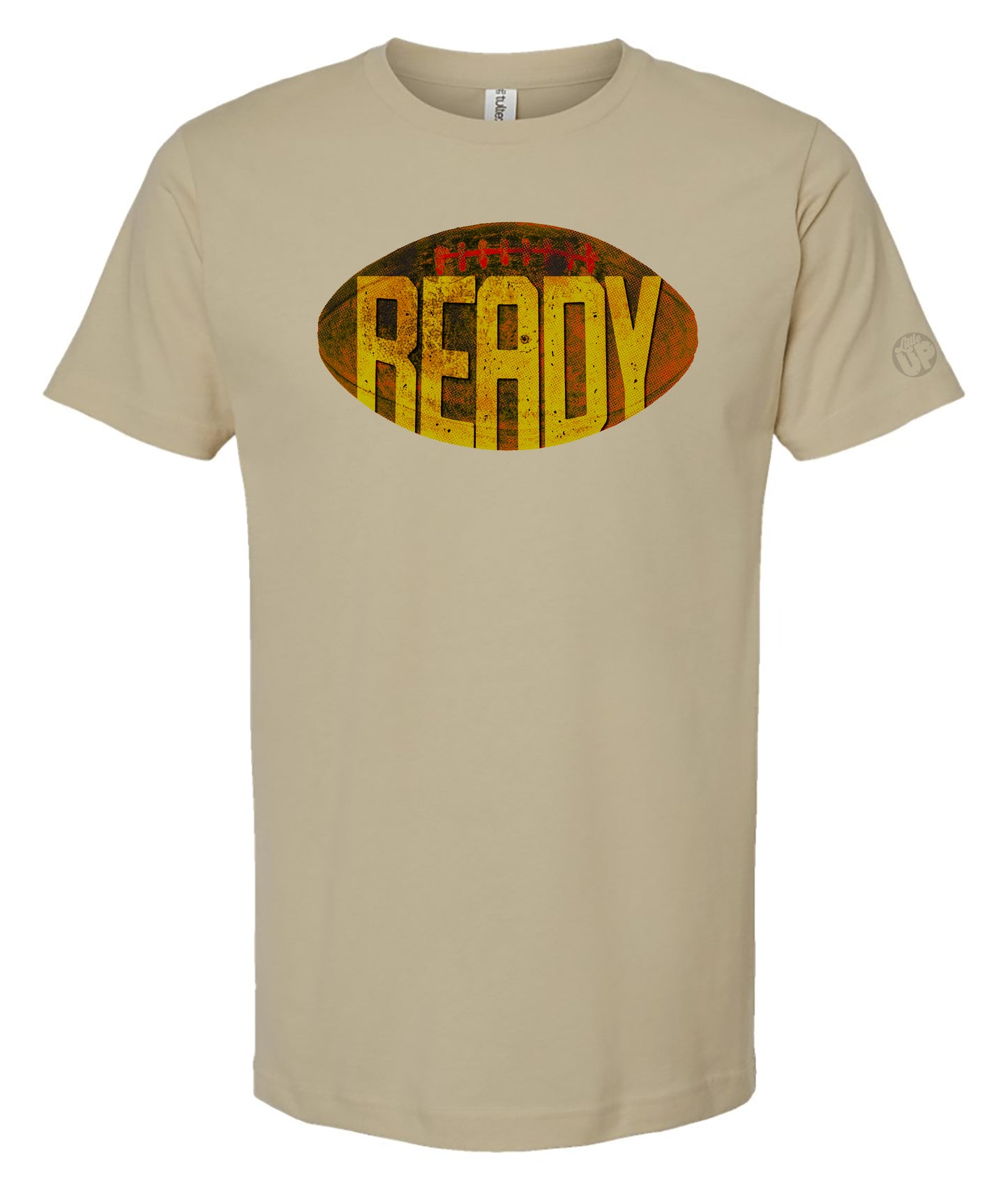 Beige t-shirt with 'READY' graphic design on a white background