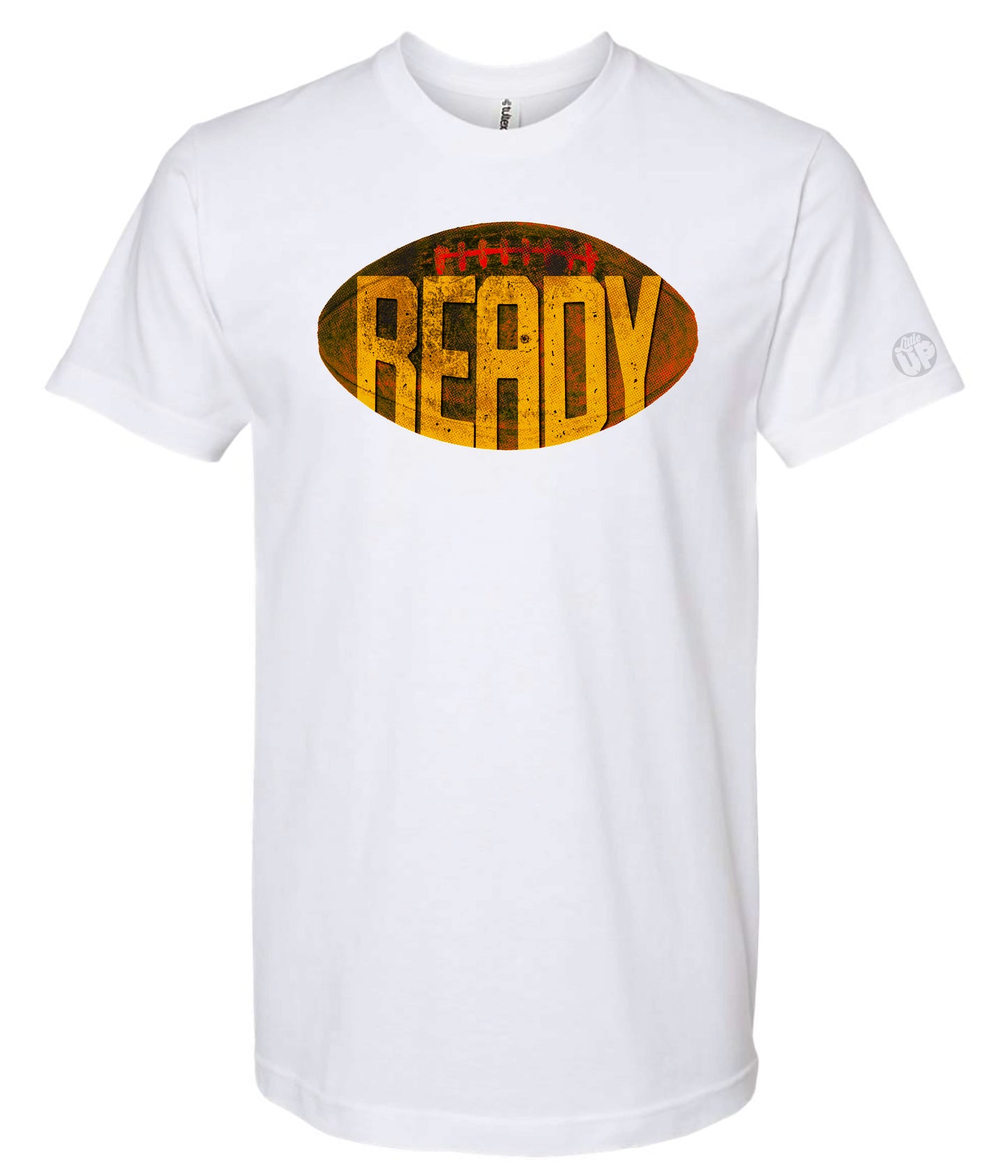 White t-shirt with 'READY' graphic design on a white background
