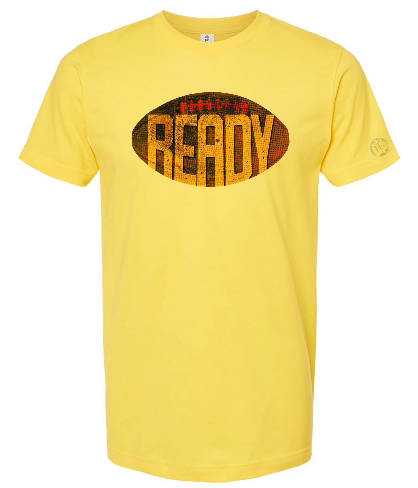 Yellow t-shirt with 'READY' graphic on a white background