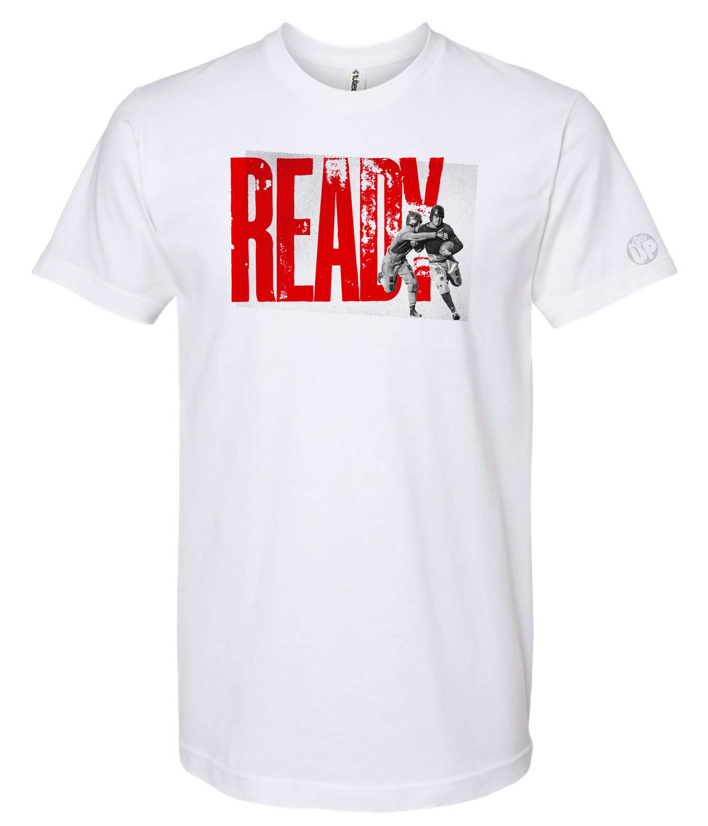 White t-shirt with red and black graphic design on a white background