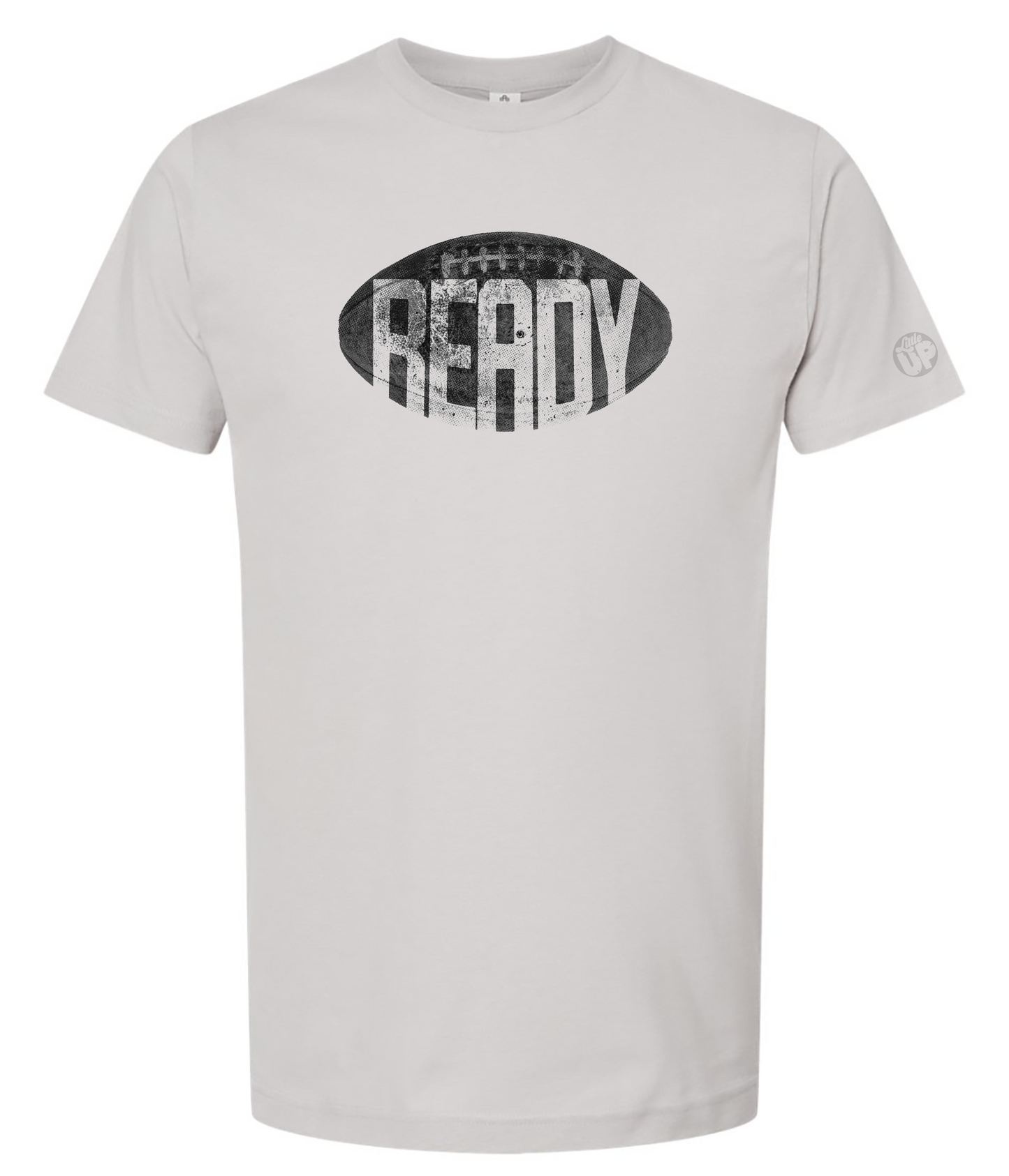 Gray t-shirt with 'READY' graphic on a white background