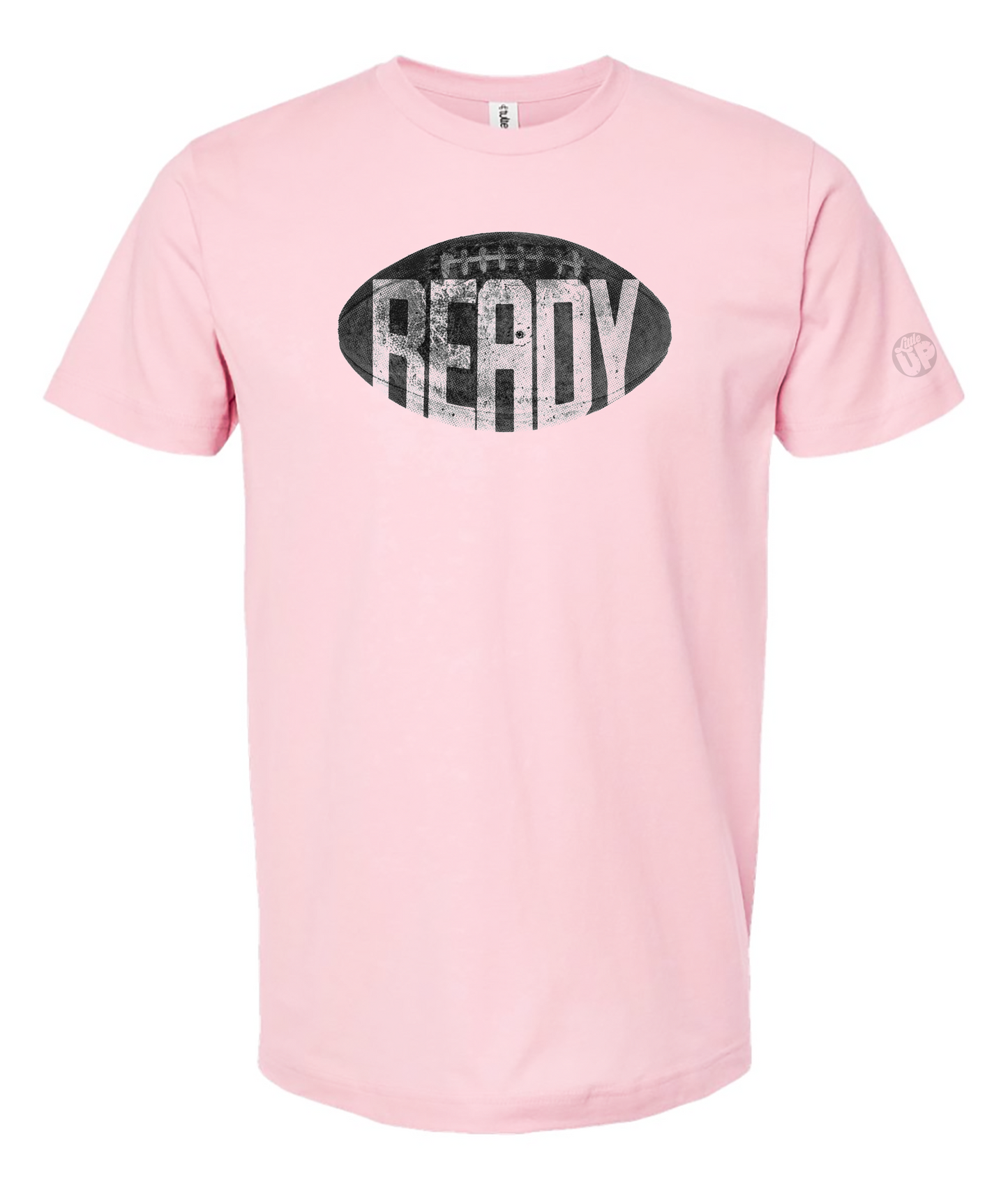 Pink t-shirt with 'READY' graphic on a white background