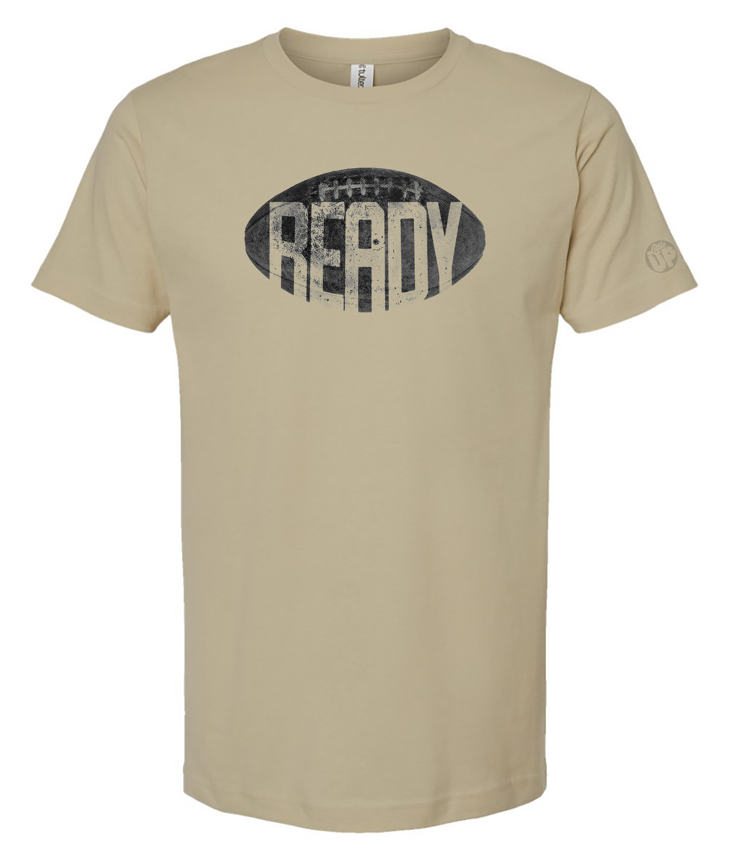 Beige t-shirt with 'READY' graphic on a white background