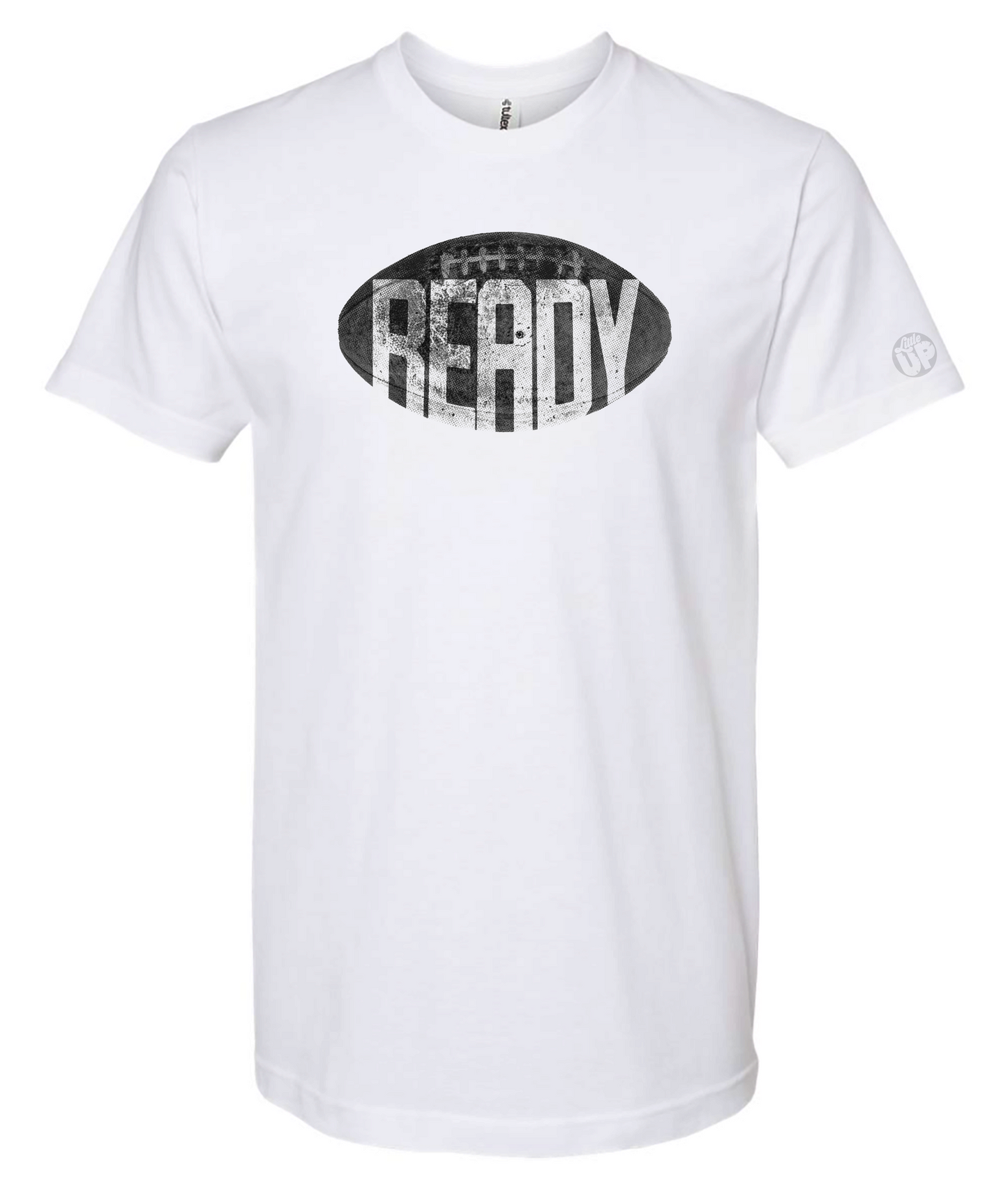 White t-shirt with 'READY' graphic design on a white background