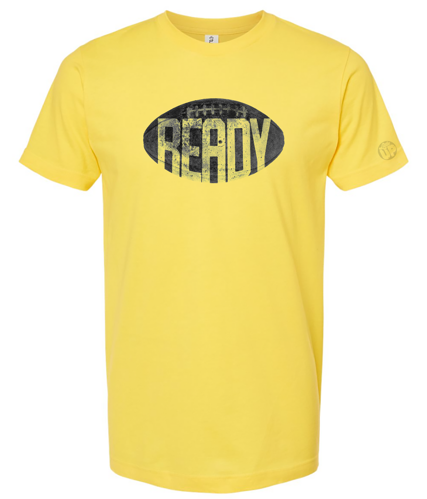 Yellow t-shirt with 'READY' graphic on a white background