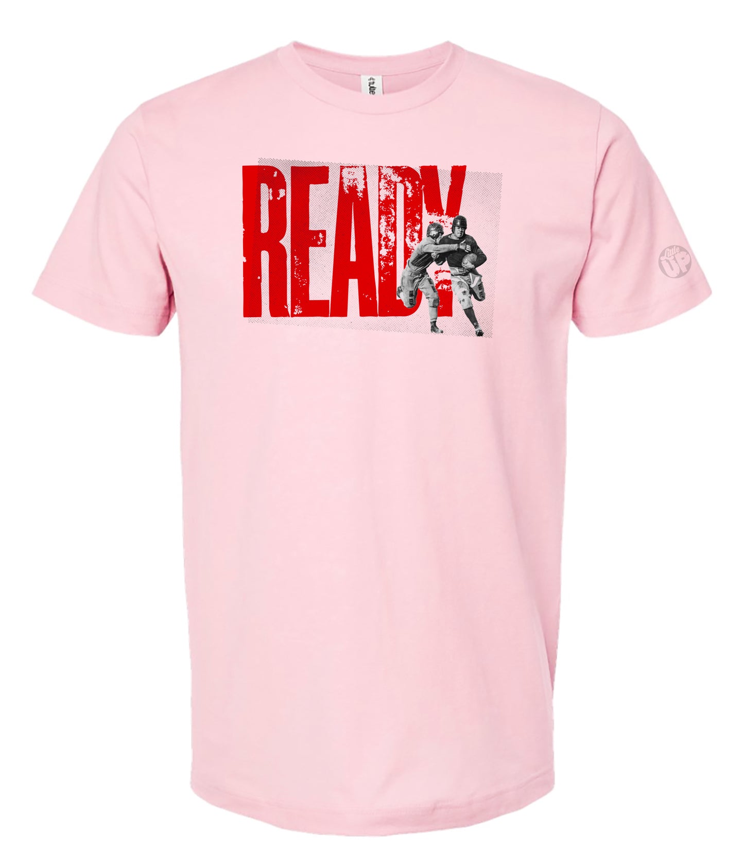 Pink t-shirt with red text and graphic on a white background