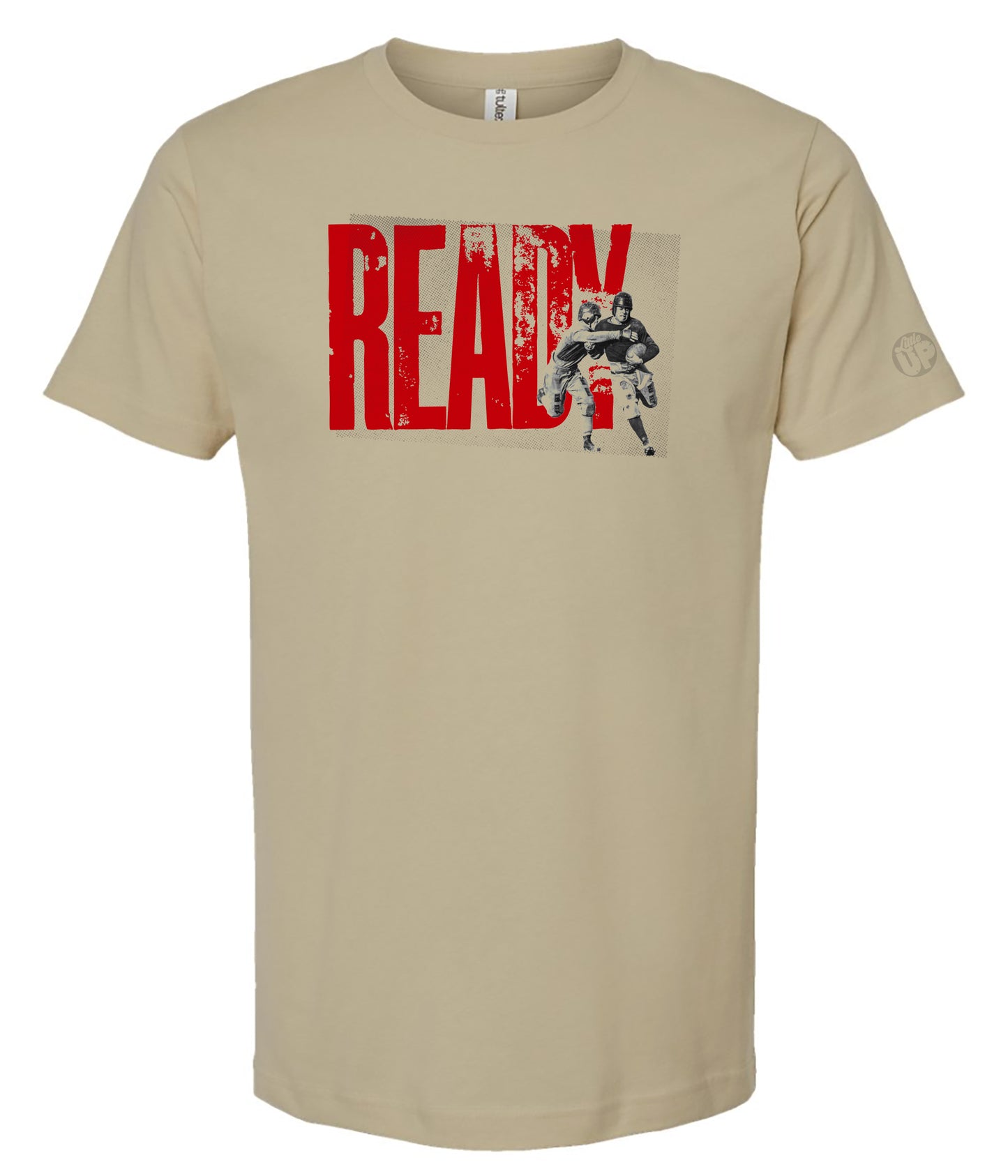 Beige t-shirt with red 'READY' text and graphic on a white background