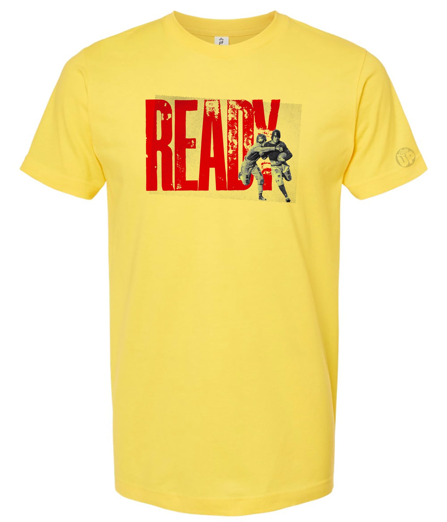 Yellow t-shirt with red text and graphic on a white background