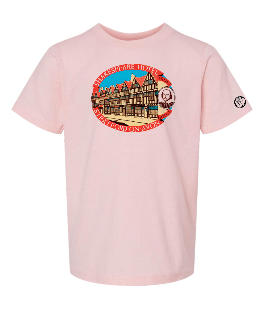 horizontal oval vintage illustration of the Shakespeare Hotel in red, teal, tan and black on pink youth t-shirt on white background