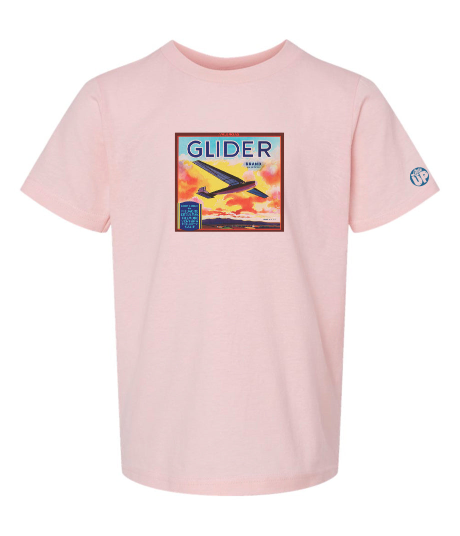 vintage packaging with glider plane and beautiful sunset over mountains on pink youth t-shirt