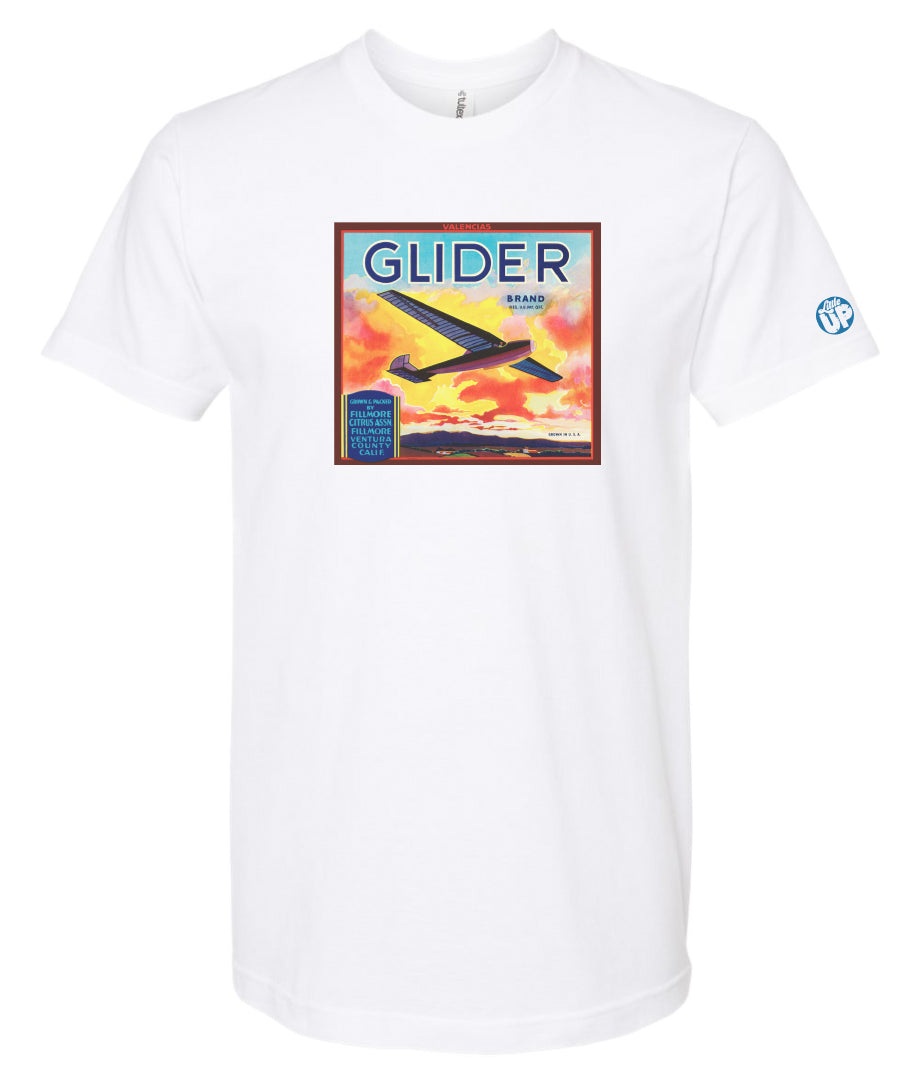 vintage packaging with glider plane and beautiful sunset over mountains on white t-shirt