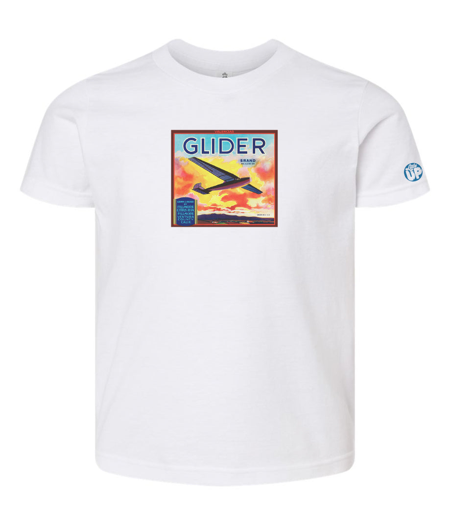 vintage packaging with glider plane and beautiful sunset over mountains on white youth t-shirt