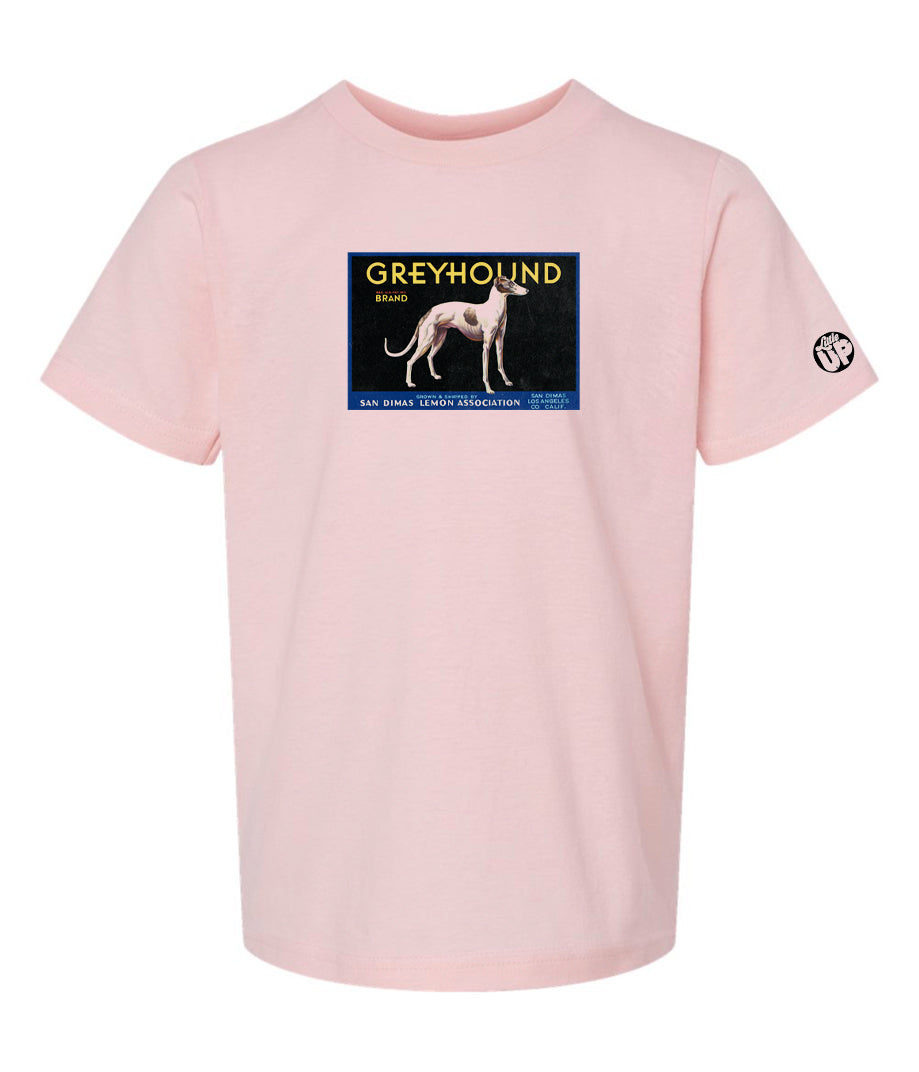 vintage packaging with illustration of white greyhound with a few large brown spots, "GREYHOUND" is the headline, printed on pink t-shirt