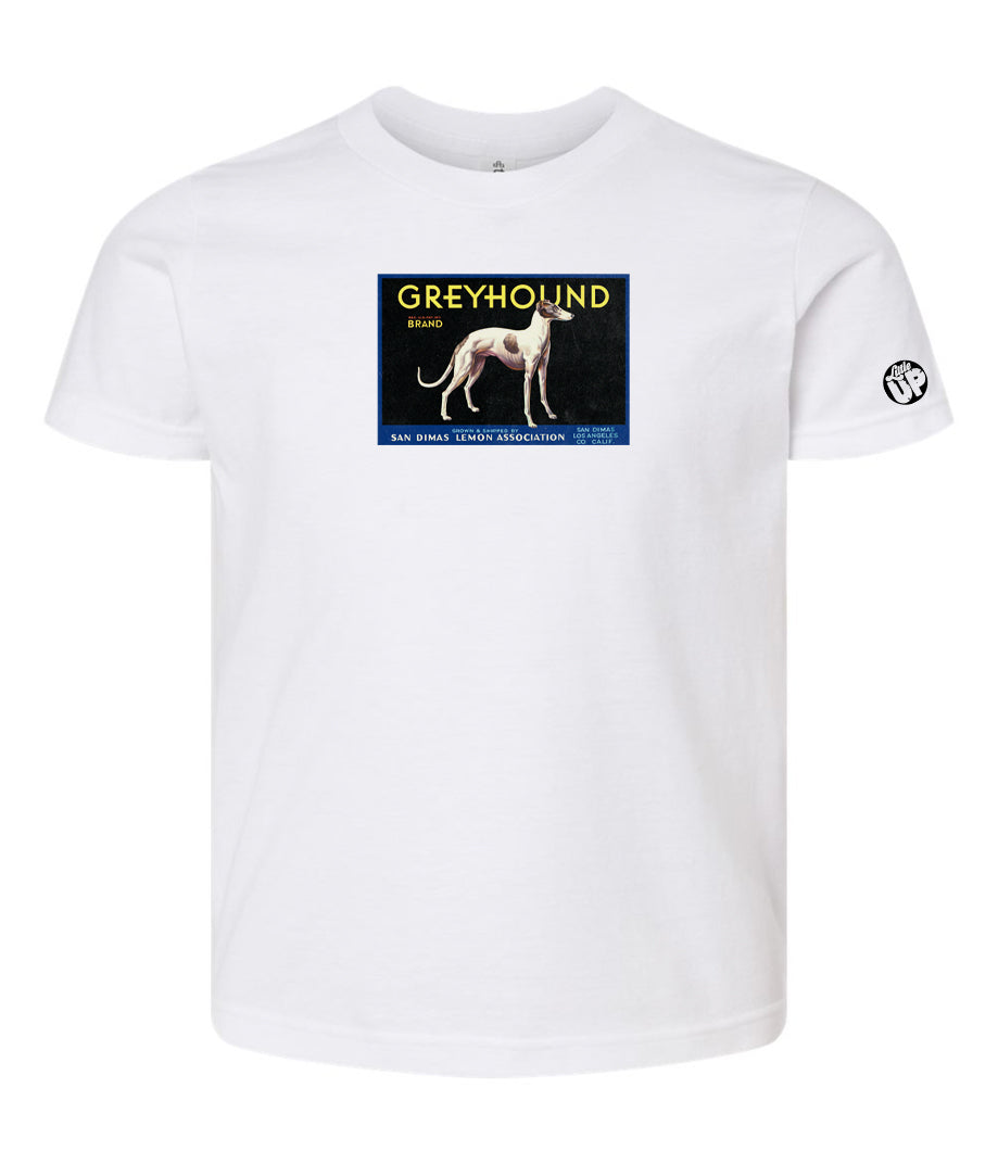 vintage packaging with illustration of white greyhound with a few large brown spots, "GREYHOUND" is the headline, printed on white youth t-shirt