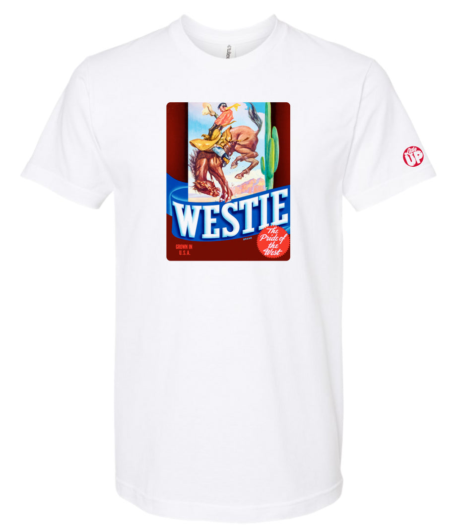 vintage graphic of cowboy riding bucking horse with "WESTIE" big at the bottom, on white t-shirt on white background