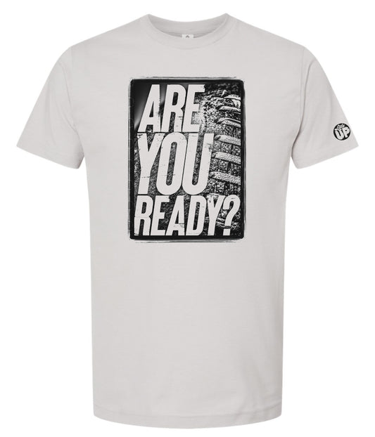 black and white image, "ARE YOU READY?" on old American football photo with rough border on light gray t-shirt