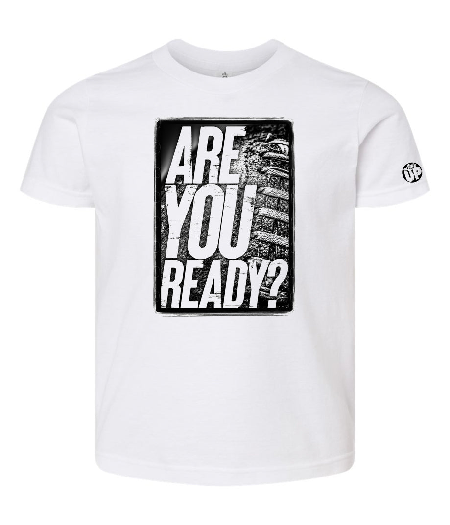 black and white image, "ARE YOU READY?" in textured modern font on old American football photo with rough border on white youth t-shirt