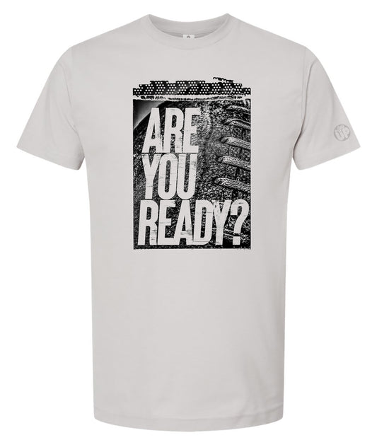 Gray t-shirt with 'Are You Ready?' graphic design on a white background