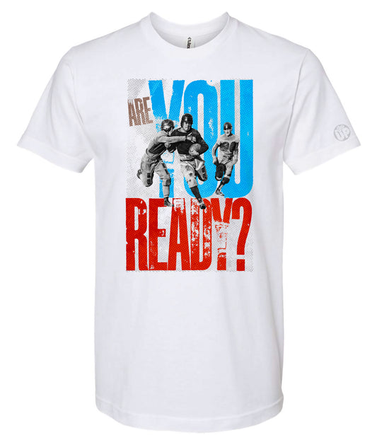 White t-shirt with graphic design and text 'Are You Ready?' on a white background
