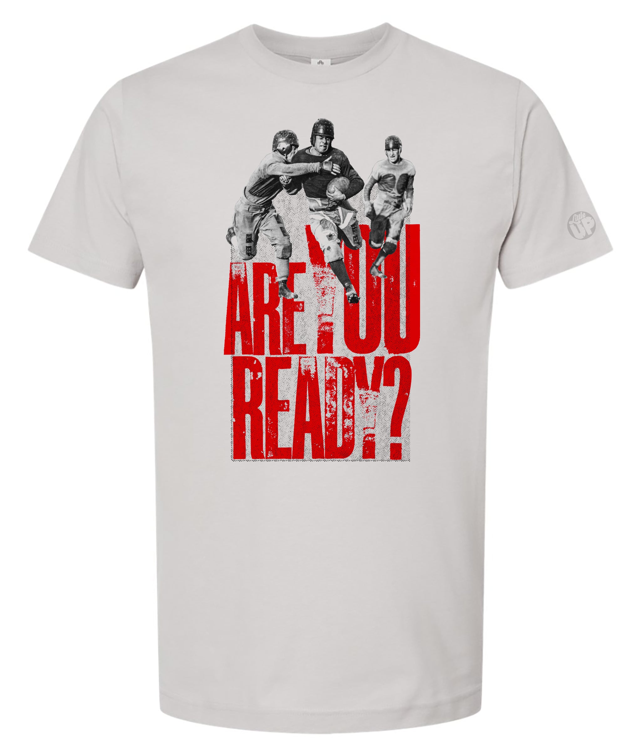 Gray t-shirt with graphic of three people and 'Are You Ready?' text on a white background