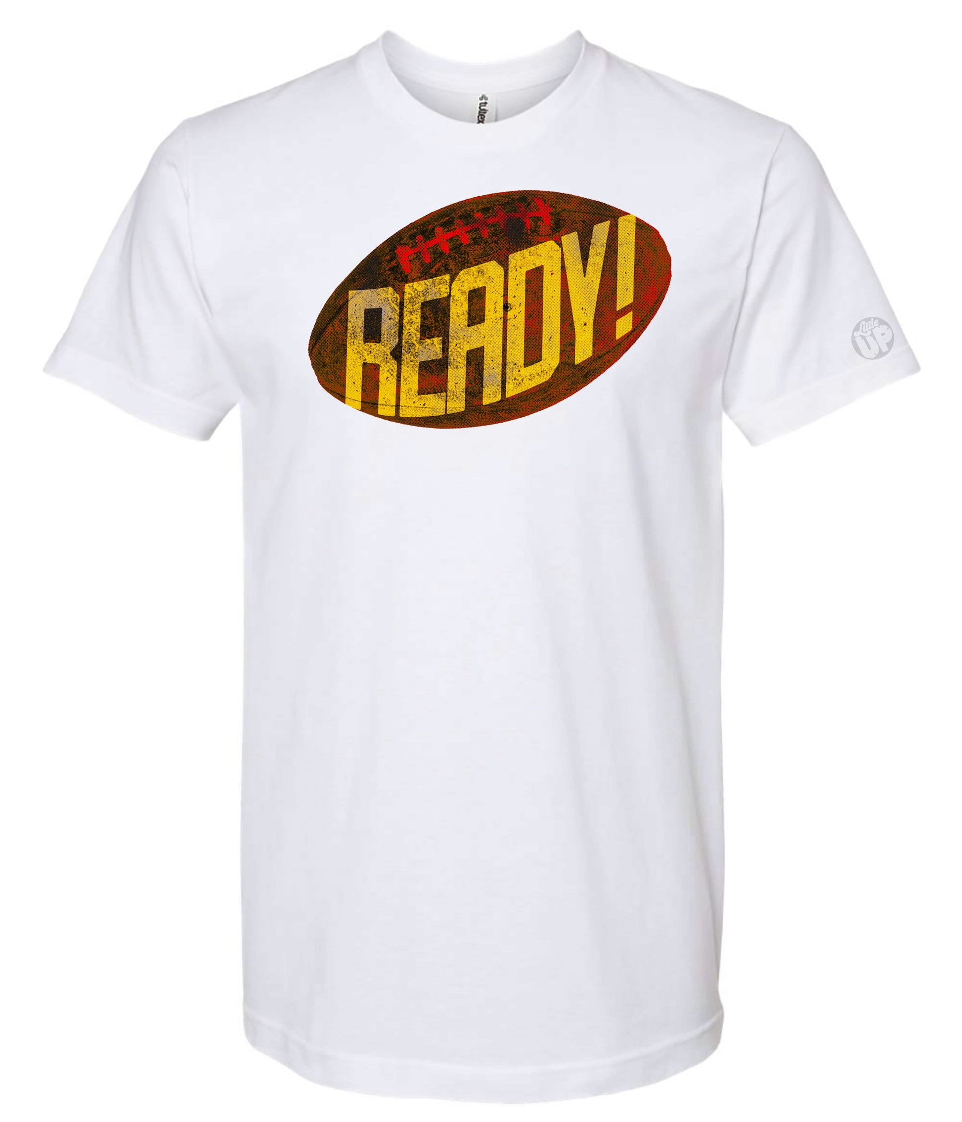White t-shirt with a football graphic and 'READY!' text on a white background