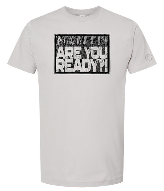 Gray t-shirt with black and white graphic text on a white background