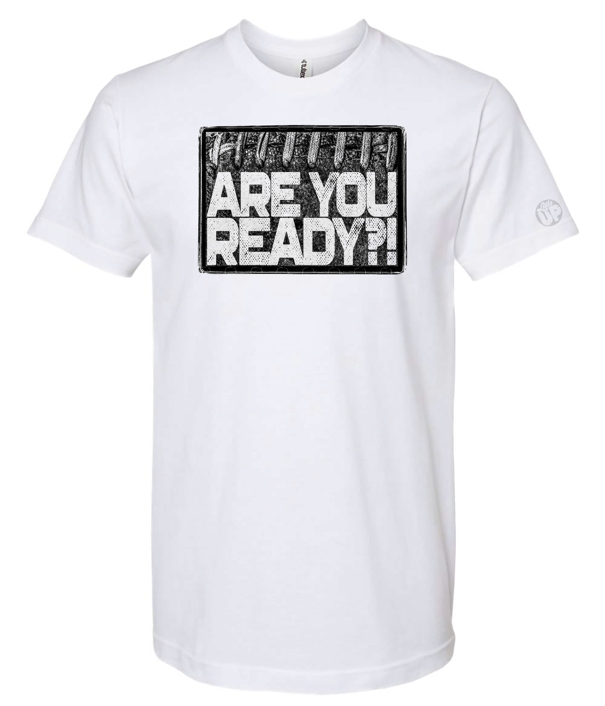 White t-shirt with black and white graphic text on a white background
