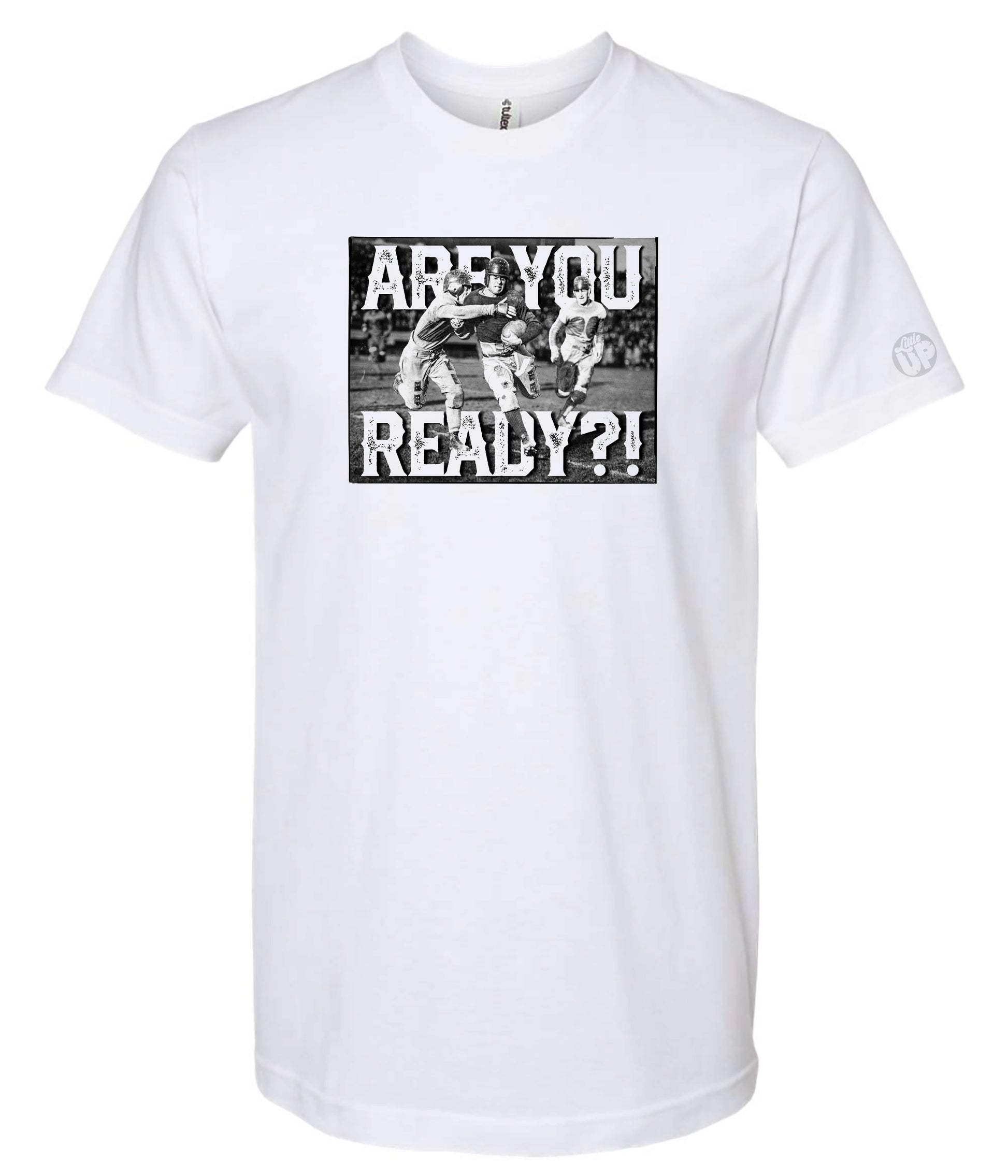 white t-shirt featuring a vintage-style image of three football players in action with bold text "ARE YOU READY?!" conveying excitement and anticipation.