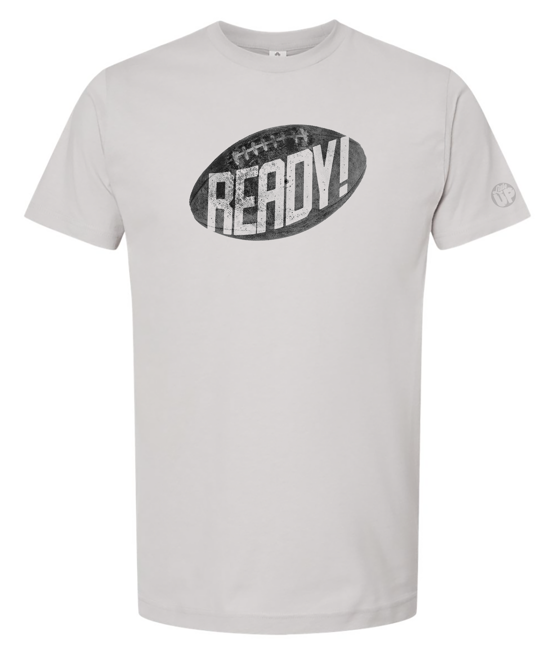 Gray t-shirt with 'READY!' graphic on a white background