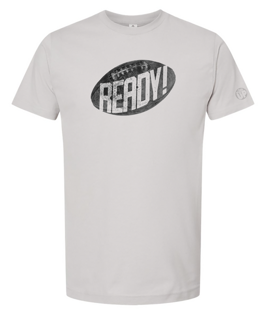 Gray t-shirt with 'READY!' graphic on a white background