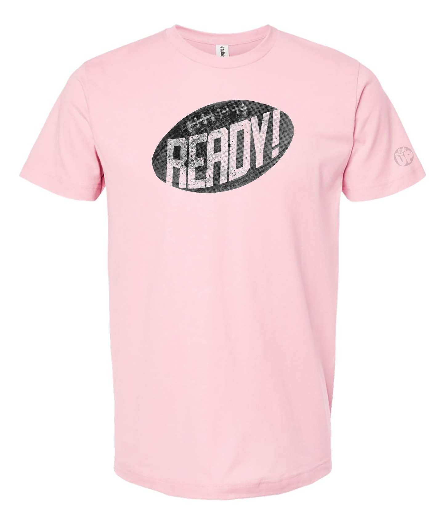 Pink t-shirt with 'READY!' graphic on a white background