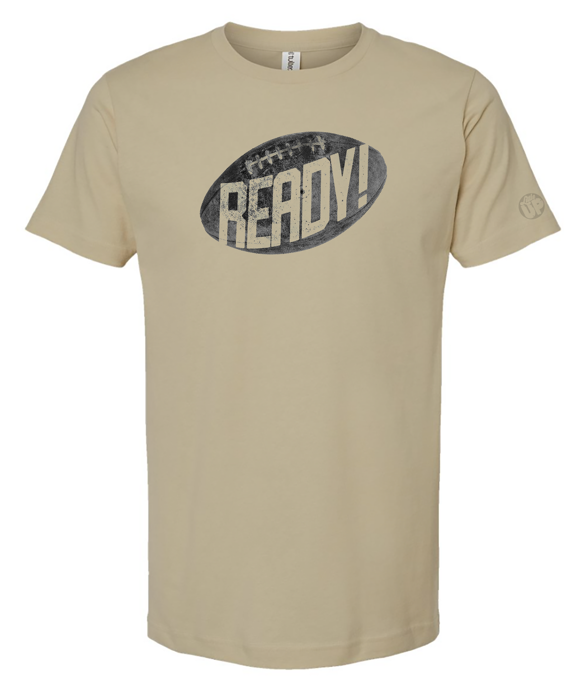Beige t-shirt with 'READY!' graphic on a white background