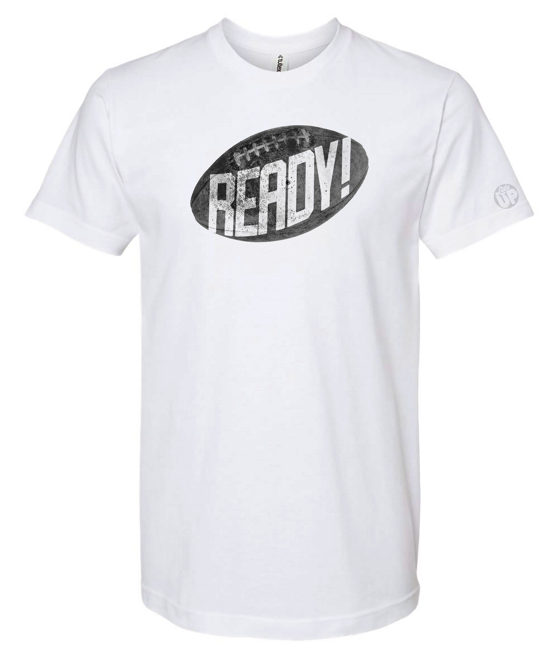 White t-shirt with 'READY!' graphic on a white background