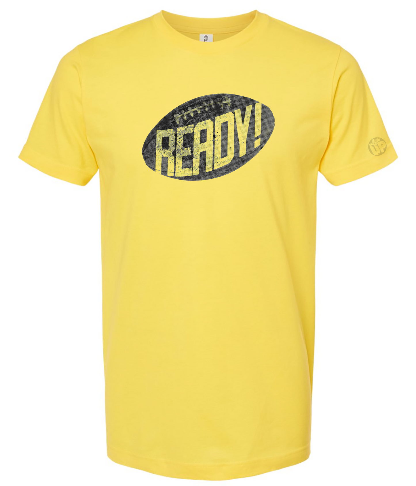 Yellow t-shirt with 'READY!' graphic on a white background