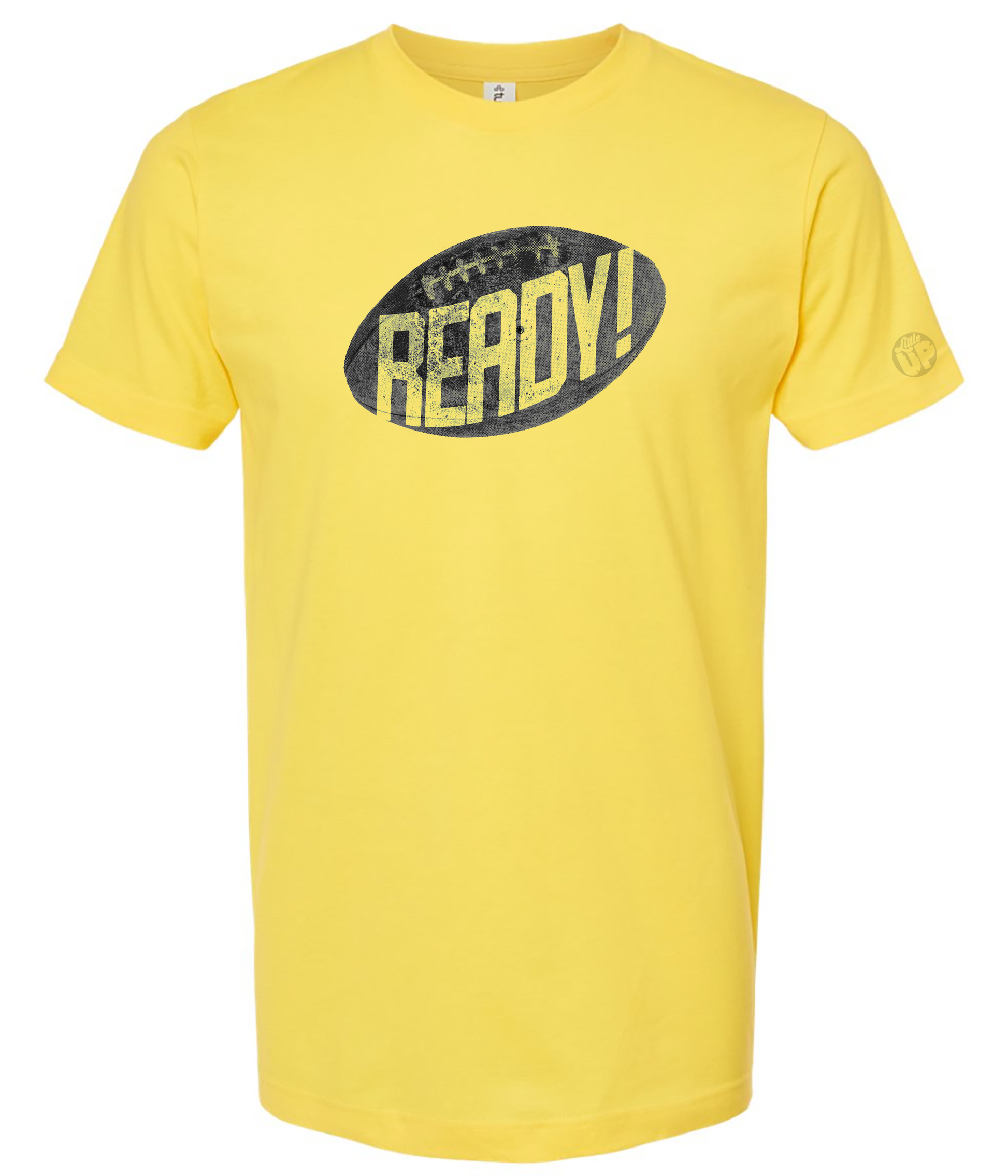 Yellow t-shirt with 'READY!' graphic on a white background
