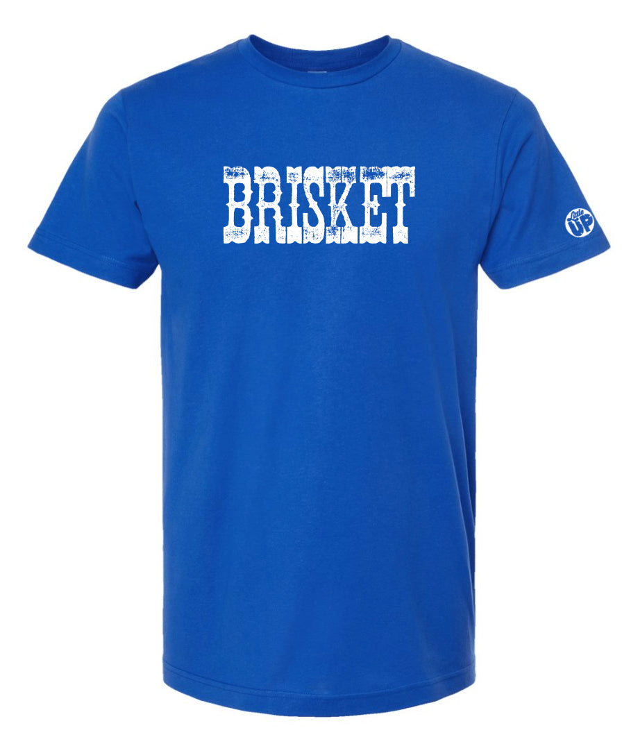 "BRISKET" in white western textured font on royal blue t-shirt